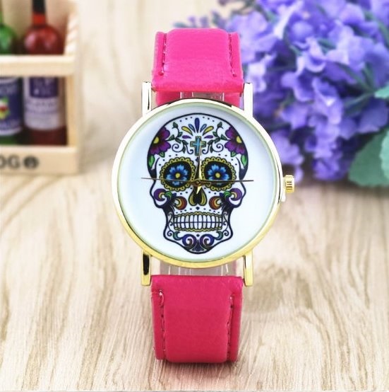 Handmade Vintage Suger Skull Face Leather Watchband Unisex Wrist Watch For Men Lady Retro Round Quartz Pink
