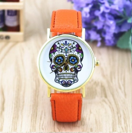 Handmade Vintage Suger Skull Face Leather Watchband Unisex Wrist Watch For Men Lady Retro Round Quartz Orange