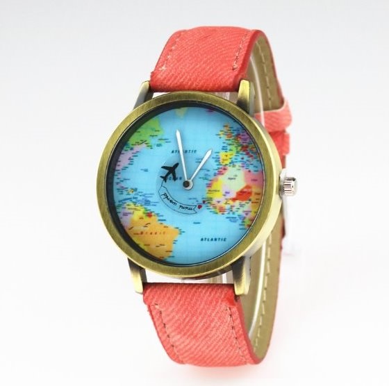 Handmade Vintage World Map Face Leather Watchband Unisex Wrist Watch For Men Lady Retro Round Quartz Pink