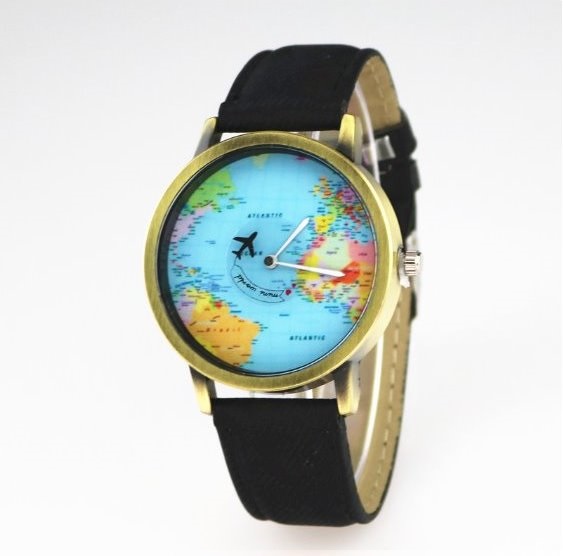 Vintage World Map Face Leather Watchband Unisex Wrist Watch For Men Lady Retro Round Quartz Black