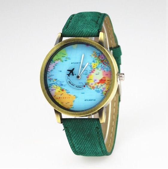Handmade Vintage World Map Face Leather Watchband Unisex Wrist Watch For Men Lady Retro Round Quartz Green
