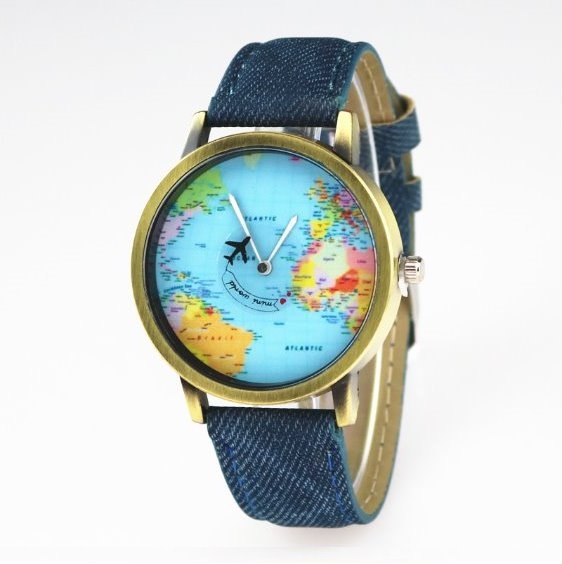 Handmade Vintage World Map Face Leather Watchband Unisex Wrist Watch For Men Lady Retro Round Quartz Blue
