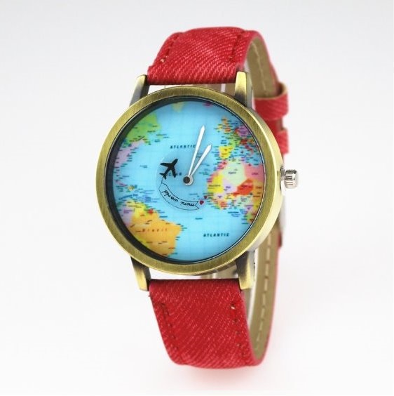 Handmade Vintage World Map Face Leather Watchband Unisex Wrist Watch For Men Lady Retro Round Quartz Red