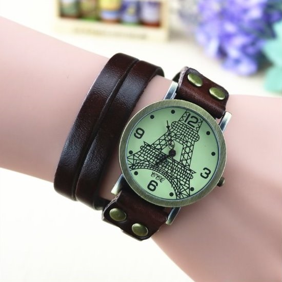 Handmade Vintage Tower Face Wrap Leather Watchband Unisex Wrist Watch For Men Lady Retro Round Quartz Dark Brown