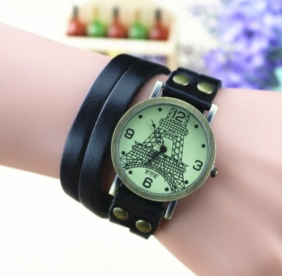 Handmade Vintage Tower Face Wrap Leather Watchband Unisex Wrist Watch For Men Lady Retro Round Quartz Black
