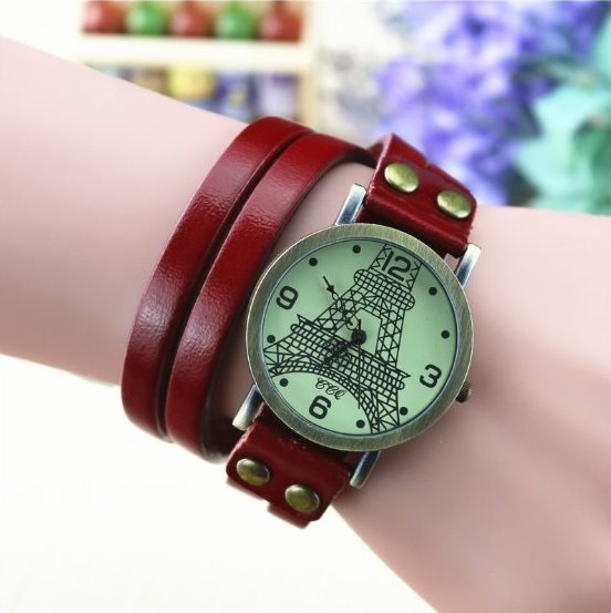 Handmade Vintage Tower Face Wrap Leather Watchband Unisex Wrist Watch For Men Lady Retro Round Quartz Red