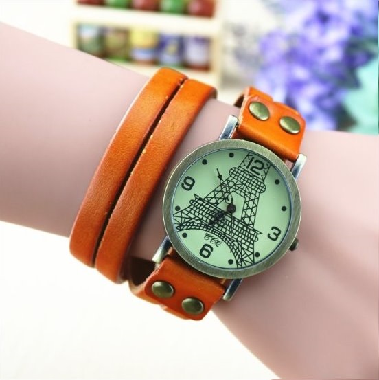Handmade Vintage Tower Face Wrap Leather Watchband Unisex Wrist Watch For Men Lady Retro Round Quartz Light Brown