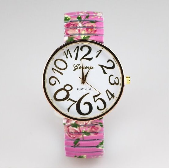 Vintage Flower Band Big Number Face Stainless Steel Band Unisex Wrist Watch For Men Lady Retro Round Quartz Watch Pink