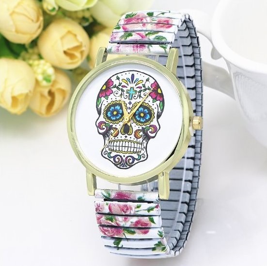 Vintage Flower Band Suger Skull Face Stainless Steel Band Unisex Wrist Watch For Men Lady Retro Round Quartz Watch White