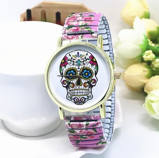 Vintage Flower Band Suger Skull Face Stainless Steel Band Unisex Wrist Watch For Men Lady Retro Round Quartz Watch Pink