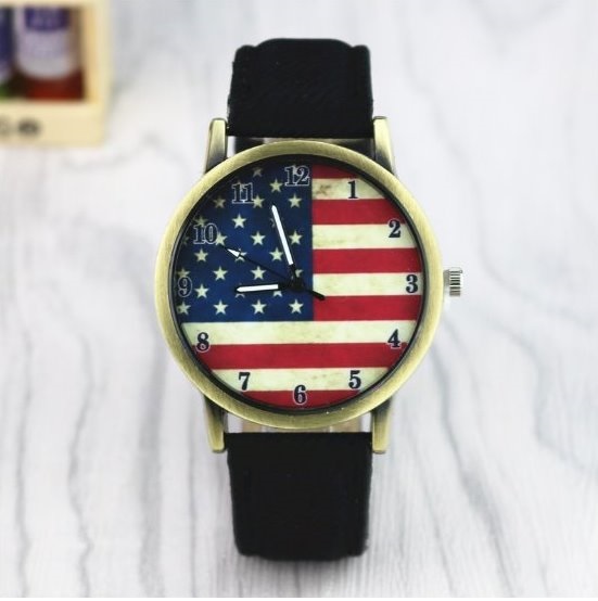 Us Flag Retro Quartz Watch Leather Band Unisex Wrist Watch For Men Lady Retro Round Quartz Watch Black