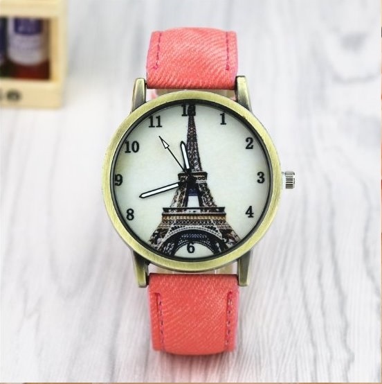Paris Tower Retro Quartz Watch Leather Band Unisex Wrist Watch For Men Lady Retro Round Quartz Watch Pink