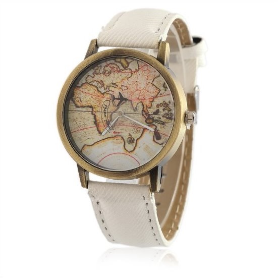 World Map Retro Quartz Watch Leather Band Unisex Wrist Watch For Men Lady Retro Round Quartz Watch White