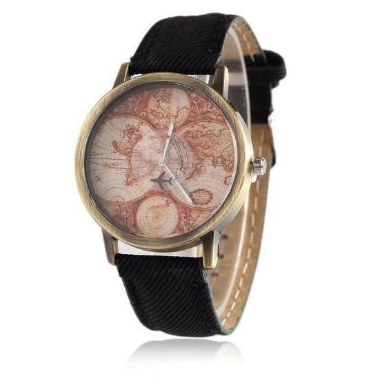 Map Retro Quartz Watch Leather Band Unisex Wrist Watch For Men Lady Retro Round Quartz Watch Black