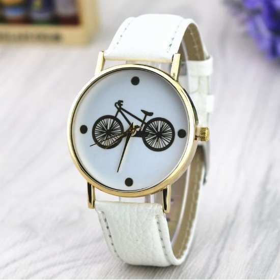 Bicycle Retro Quartz Watch Leather Band Unisex Wrist Watch For Men Lady Retro Round Quartz Watch White