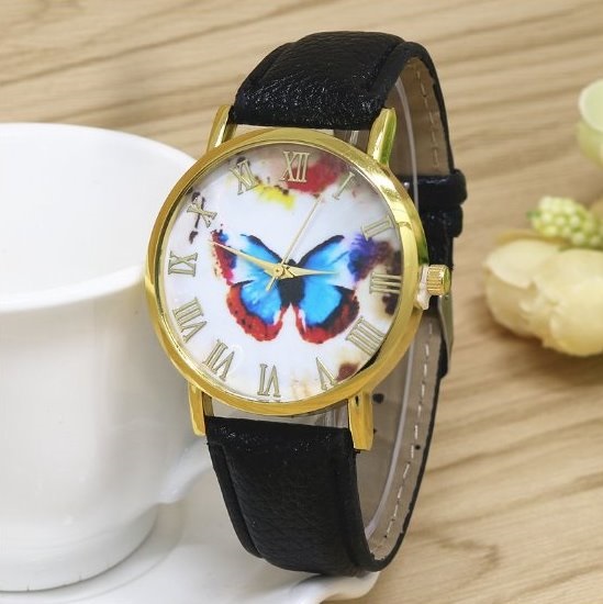 Butterfly Retro Quartz Watch Leather Band Unisex Wrist Watch For Men Lady Retro Round Quartz Watch Black
