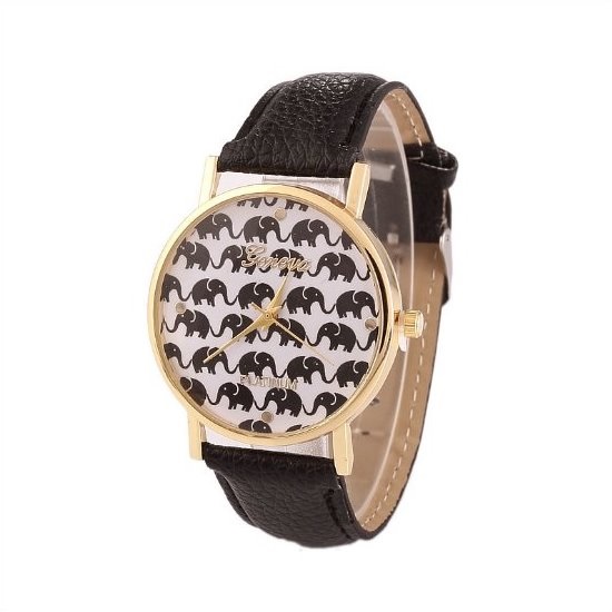 Elephant Retro Quartz Watch Leather Band Unisex Wrist Watch For Men Lady Retro Round Quartz Watch Black