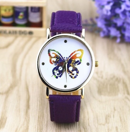 Butterfly Watch Retro Quartz Watch Leather Band Unisex Wrist Watch For Men Lady Retro Round Quartz Watch Purple