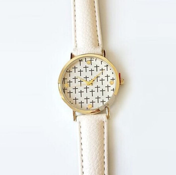 Small Cross Retro Quartz Watch Leather Band Unisex Wrist Watch For Men Lady Retro Round Quartz Watch White