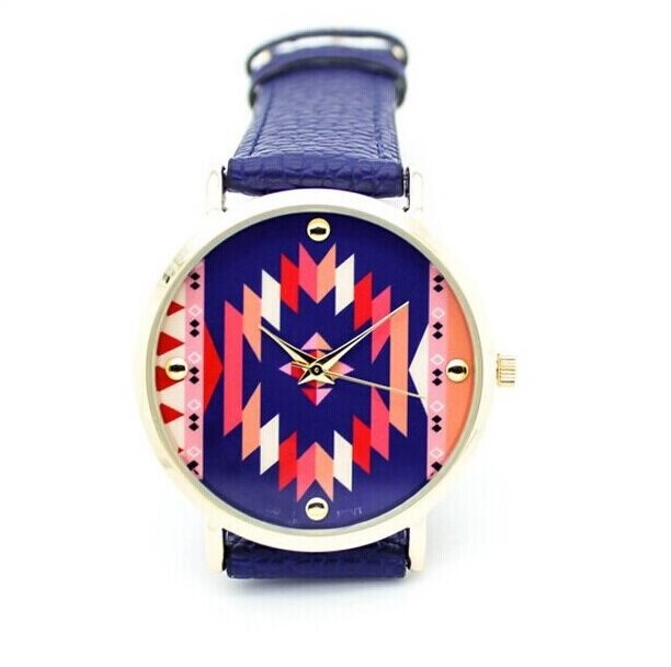 Geometry Pattern Watch Retro Quartz Watch Leather Band Unisex Wrist Watch For Men Lady Retro Round Quartz Watch Blue