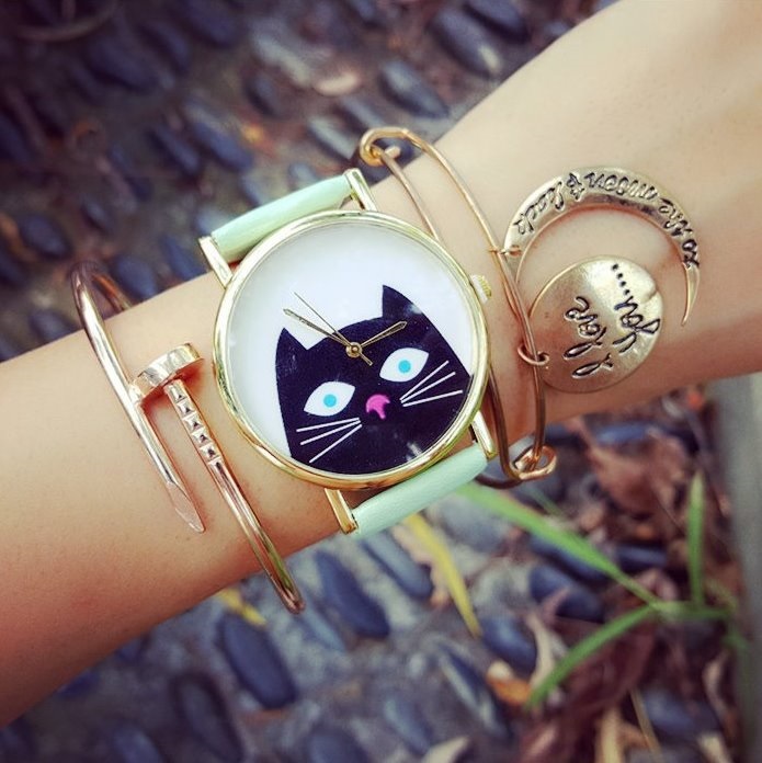 Lovely Cat Watch Retro Quartz Watch Leather Band Unisex Wrist Watch For Men Lady Retro Round Quartz Watch Green