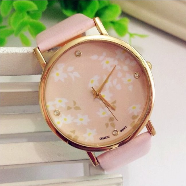Pink Face Flower Leather Watchband Unisex Wrist Watch For Men Lady Retro Round Quartz Pink