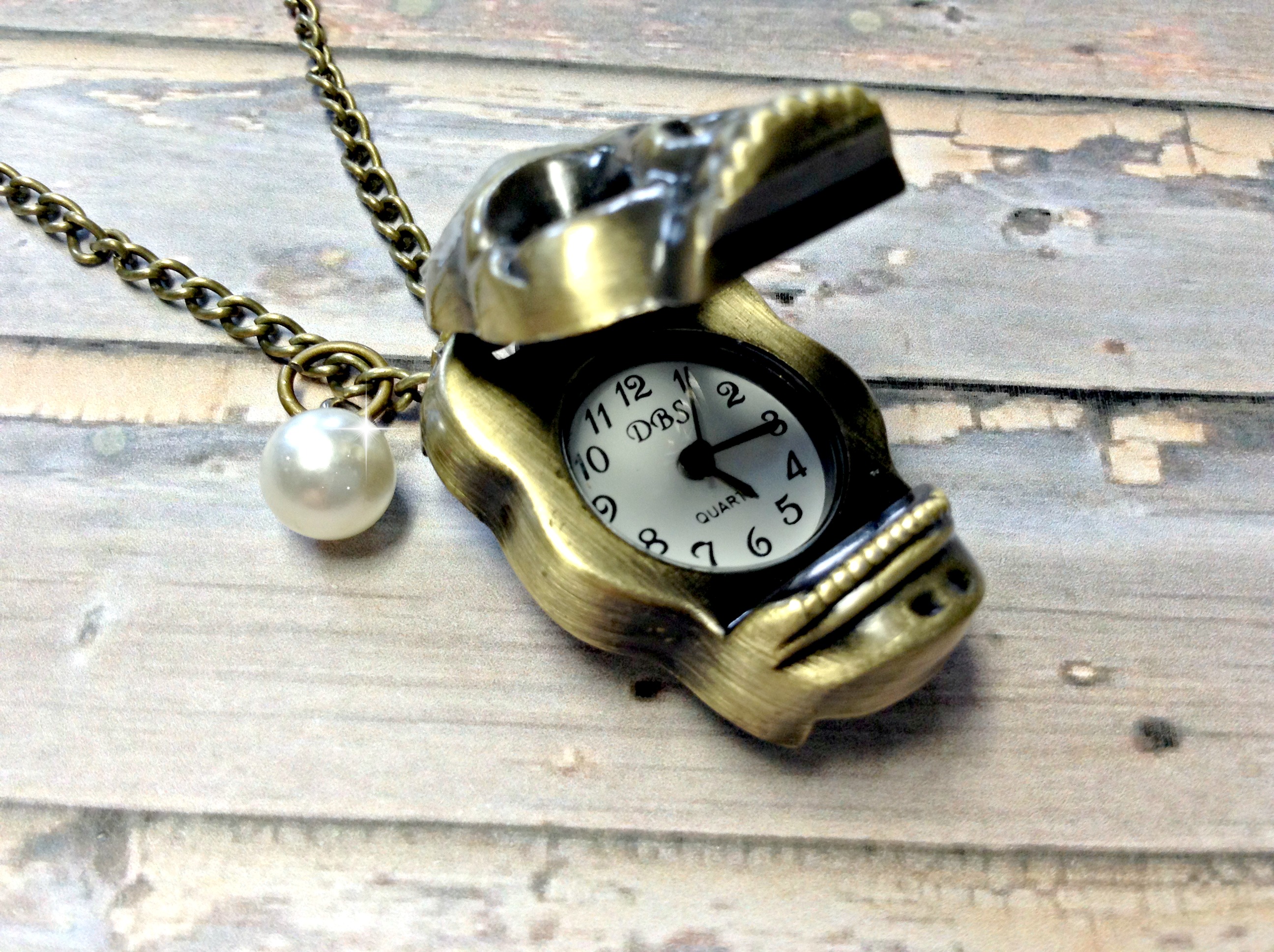 Handmade Vintage Skull Pocket Watch Necklace With Pearl Pendant on Luulla